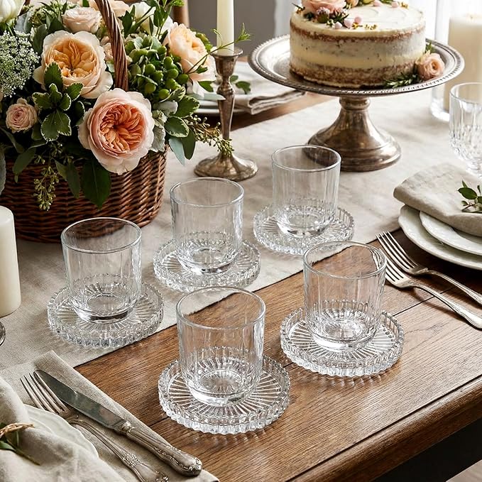 Remerry 6 Pcs Clear Crystal Coaster Set with Holder Glass Coasters for Drinks 4 Inch Drinks Crystal Round Cup Coasters Coffee Table Decor for Office Kitchen Bar Restaurant Patio (Transparent)