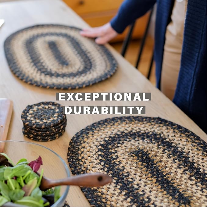 Homespice Kilimanjaro Jute Woven Placemats, Warm Primitive Decor, Set of 4, Black and Tan 13x19 Rectangle Table Mats - Vibrant Colors, Durable, Easy to Clean and Protects Furniture