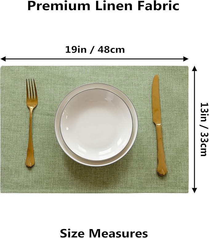 Demetex Green Placemat Set of 4 Washable Linen Textured Place Mats for Dinner Heat Resistant Sage Cloth Placemats Scratch Resistant Plate Mats for Dining Table Kitchen, Green