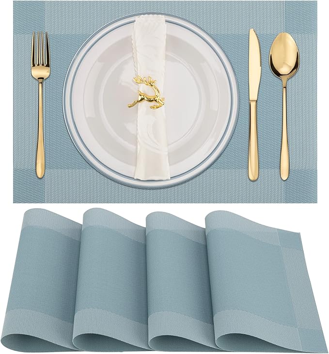 Winknowl Placemats Set of 4, Washable Vinyl Woven Placemats, Heat Resistant & Wipeable Table Mats for Kitchen Dining Table (Sky Blue)