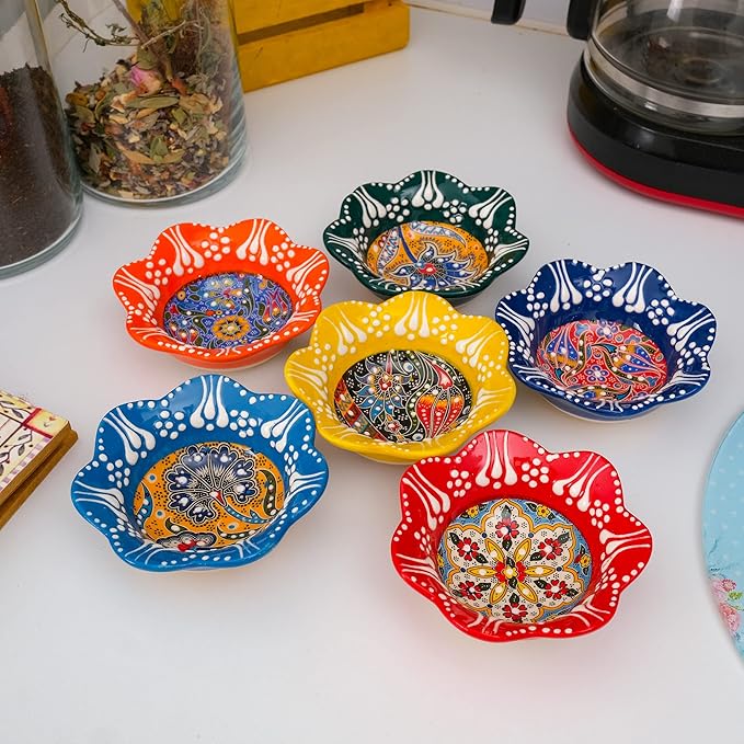 BCS Ceramic Pinch Bowls Set of 6, Small Multicolor Handmade Decorative Serving Dishes - Cooking Prep & Charcuterie Board Bowls, Soy Sauce Dish (3.2'' - 3 oz)