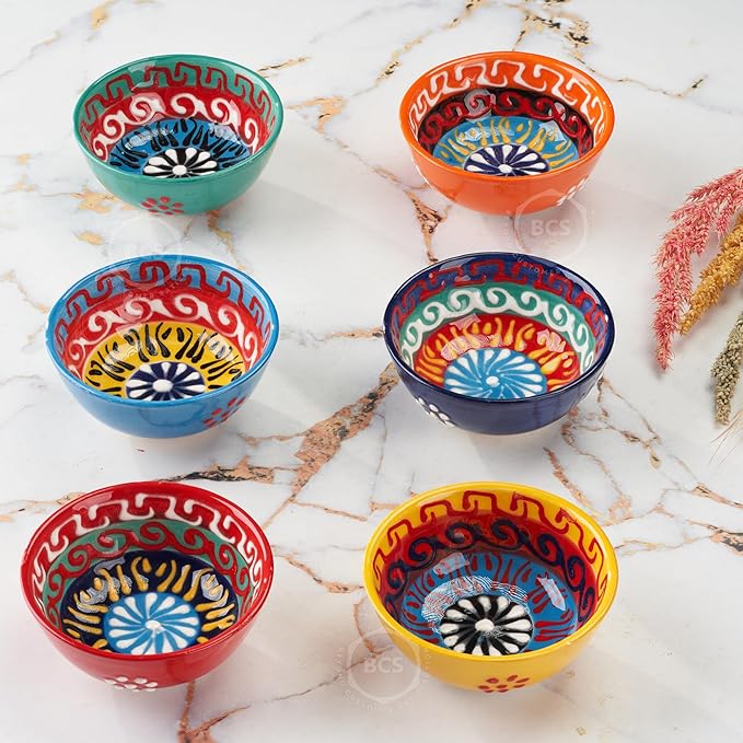 BCS Ceramic Salsa Bowls Set of 6 Small Pinch Bowls for Dipping, Cooking Prep & Charcuterie Board, Soy Sauce Dish, Multicolor Handmade Decorative Mini Serving Dishes Dishwasher Safe (3.2''-3 oz)