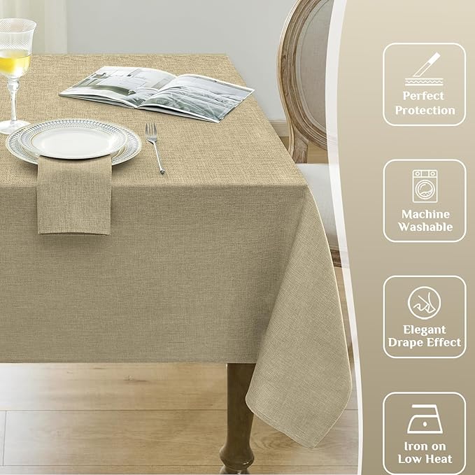 Softalker Lang Rectangular Table cloths 60 x 144 inch Khaki Faux Linen Tablecloth Outdoor Waterproof Stain and Wrinkle Resistant Table Cover for 6/8/10 foot Rectangle Large Tables for Party Graduation