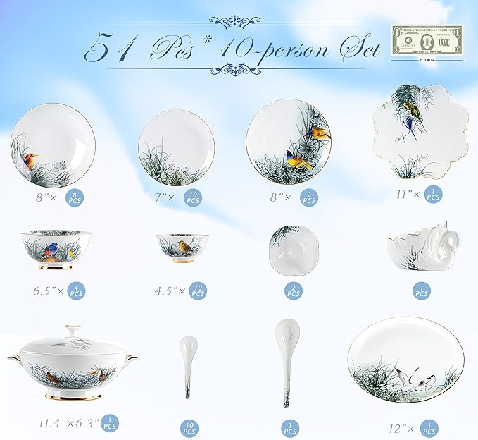 51 Pcs Fine Bone China Dinnerware Set,Porcelain&Ceramic Dinnerware Sets,Bone Stoneware & Ceramic Cookware Tableware Set Includes Dinner Plates|Spoons|Pasta Bowls|Soup Pot|Chopsticks