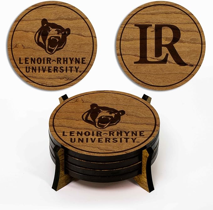 LazerEdge Lenoir Rhyne Bears Wooden Coaster Set - Cherry Wood - Officially Licensed Product - 4-Pack