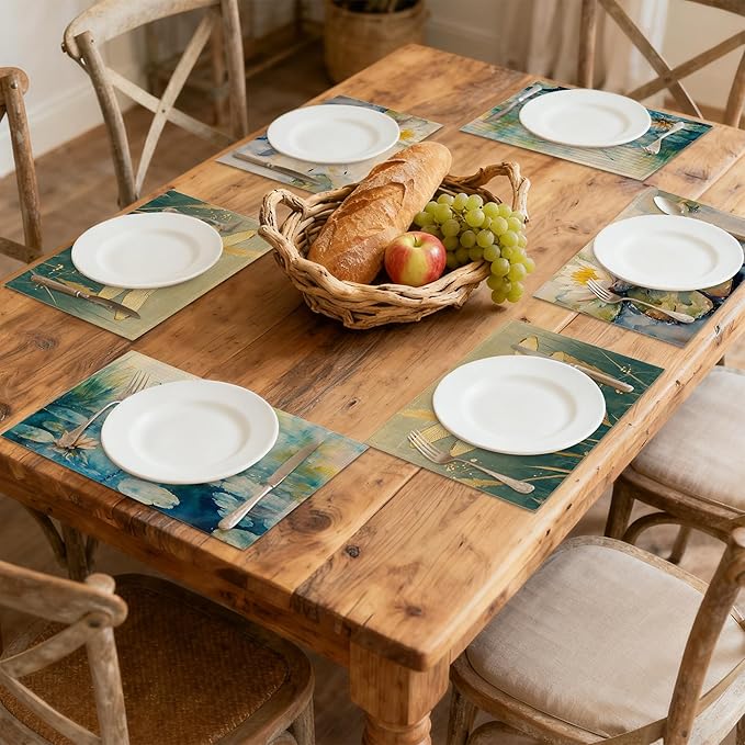 Table Placemats Set of 6, Waterproof Linen Fabric, Non-Slip Backing & Easy Clean, Elegant Dining Table Protectors for Family and Guests(Watercolor Dragonfly)