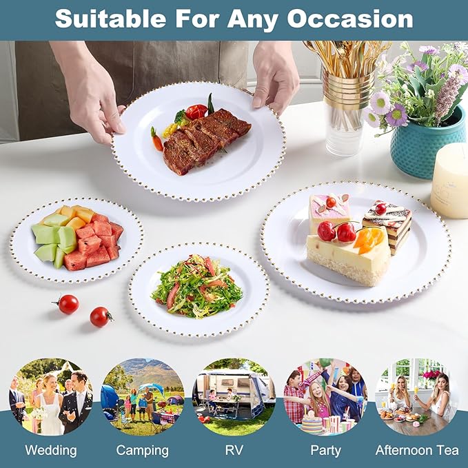 EI 60pcs White Plastic Plates with Gold Rim,Heavy Duty 10" Dinner & 7" Dessert Plate Disposable,White and Gold Plate for Party,Wedding,Birthday,Afternoon Tea,Spring,Mother's Day,Valentine's Day