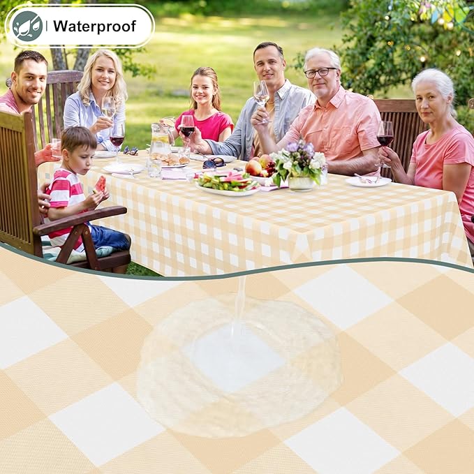 misaya Rectangle Waterproof Vinyl Table Cloth, Buffalo Flannel Backed Tablecloth, Wipeable Plastic Table Cover for Dinner, Kitchen, Outdoor (60" x 102", Beige and White)