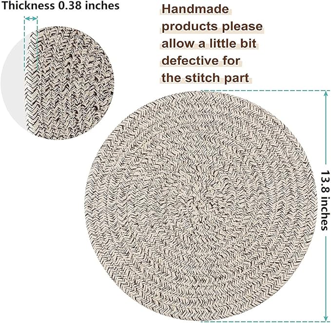 Set of 4 Round Woven Placemats,13.8 inch Plate Chargers Thick Place Mats Cotton Braided Tablemats Rattan Brown Table Mats Weave Placemats for Table Decoration