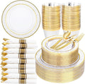 Ciaell 350PCS Clear Plastic Plates with Gold Trim for 50 Guests,Includes 100 Plastic Plates, 50 Pre Rolled Napkins with Gold Silverware, 50 Cups, Disposable Dinnerware Set for Wedding & Party
