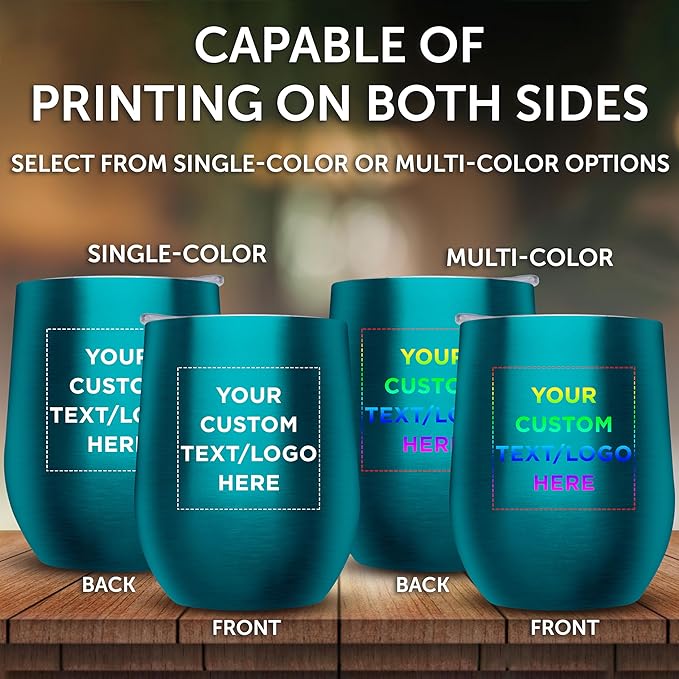 Custom Stemless Wine Glass Tumblers with Lids by Largo 11 oz. Set of 6, Personalized Bulk Pack - Perfect for Wine, Cocktails, Other Hot & Cold Beverages - Teal