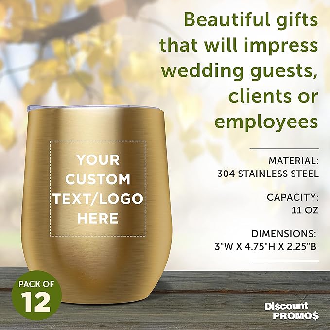 Custom Stemless Wine Glass Tumblers with Lids by Largo 11 oz. Set of 12, Personalized Bulk Pack - Perfect for Wine, Cocktails, Other Hot & Cold Beverages - Gold