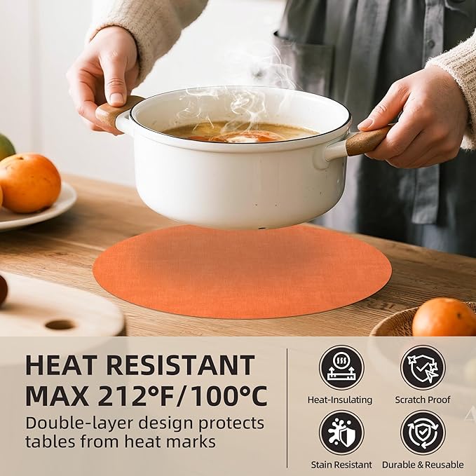 15 inch Faux Leather Round Placemats Set of 4 Non-Slip Washable Wipeable Table Mats, Heat Resistant Waterproof Oilproof Orange Place Mats for Kitchen, Dining, Party, Indoor, Outdoor