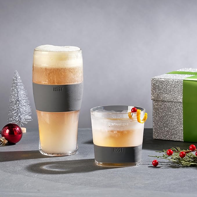Host Freeze Beer Glasses, Freezable Beer Gifts for Men, Double Wall Insulated Pint Set, Tumbler for Cold Drinks, 16, Set of 2, Gray