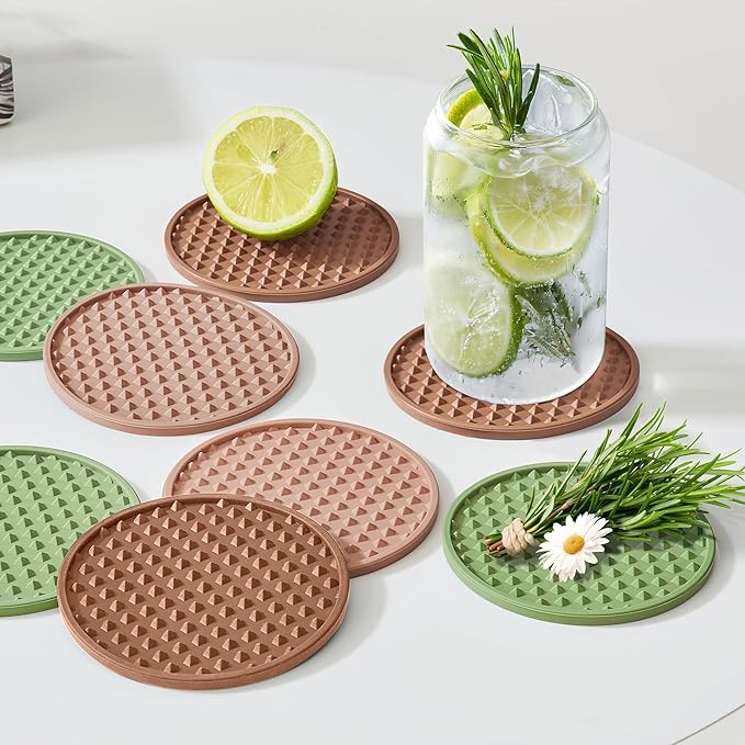 Coasters for Drinks, Silicone Coasters Set of 12 with Metal Holder, Outdoor Coaster for Coffee Table, Non-Slip Rubber Table Cup Mat Desk, Heat Resistant & Scratch-Proof (Dusty Pink)