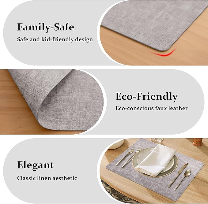 FROMHEART Faux Leather Placemats Set of 6–Waterproof,Heat/Oil Stain-Resistant PU Table Mat–Reversible,Non-Slip,Easy to Clean Place Mats for Kitchen,Dining,Indoor/Outdoor,(Light Grey,11.8" x 17")