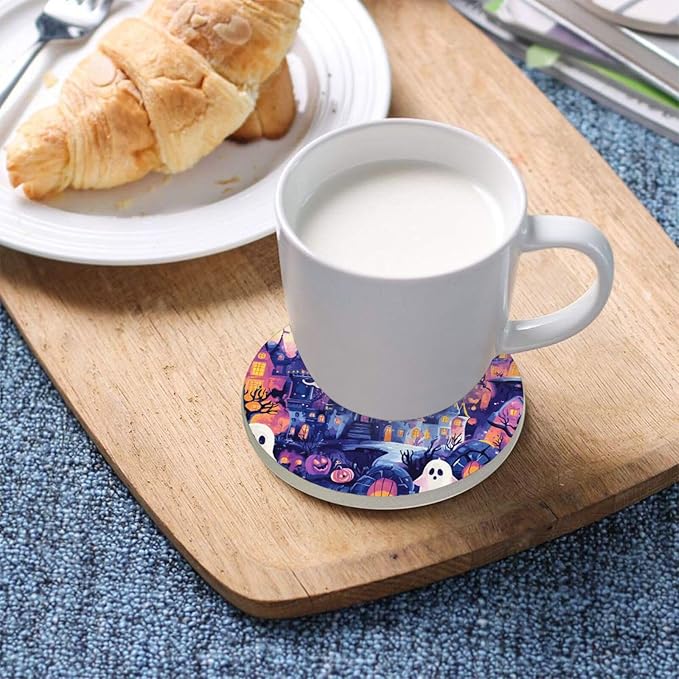 Coasters for Drinks Coaster Drink Set Decorative Coffee Table Desk Cup Mat Spring Cute Cork Bar Backing Round Home Decor Cartoon Halloween Bat Castle Ghost Pumpkin44