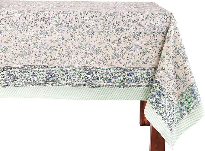 ATOSII Aster Blue 100% Cotton Square Boho Fall Tablecloth, Handblock Floral Table Cloth Linen for Kitchen Dining I Parties Wedding Outdoors Christmas Thanksgiving I Fall Home Decor 60 X 60 Inches