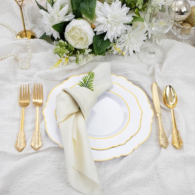 Liacere 350PCS Gold Plastic Plates-Disposable White and Gold Plates 50guest Baroque Plastic Dinnerware include 100Plates, 50Pack Pre Rolled Napkins with Silverware 50Cups for Wedding&New Years