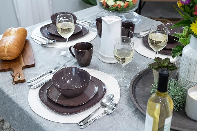 Elanze Designs 16-Piece Modern Luxury Chic Smooth Vintage Handmade Shape High Gloss Ceramic Stoneware Square Plate Mug & Bowl Kitchen Dinnerware 16 Piece Set - Service for 4, Plum Purple
