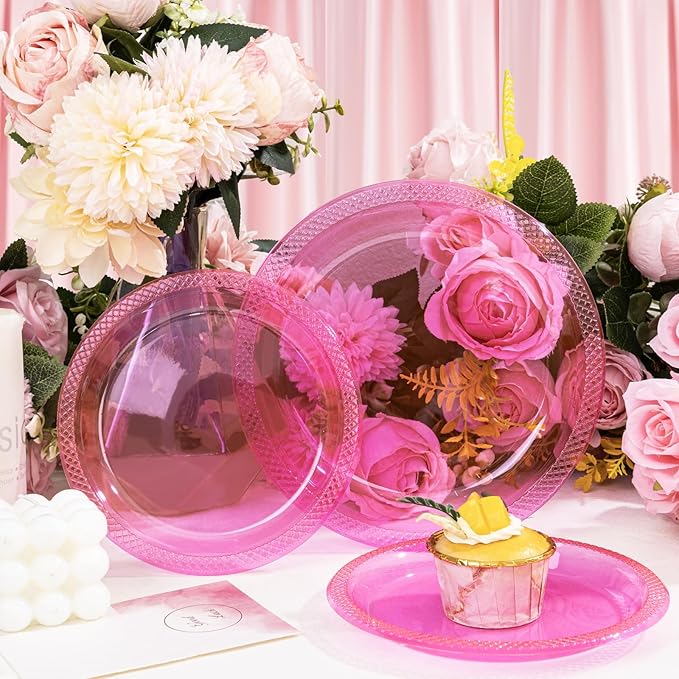 WELLIFE Neon Pink Party Plates 9 Inch -150 Count, Translucent Pink Plastic Disposable Dessert Plates for Fluorescent Neon Theme Party Cake Appetizers Valentine's Day Easter Baby Shower Mother's Day