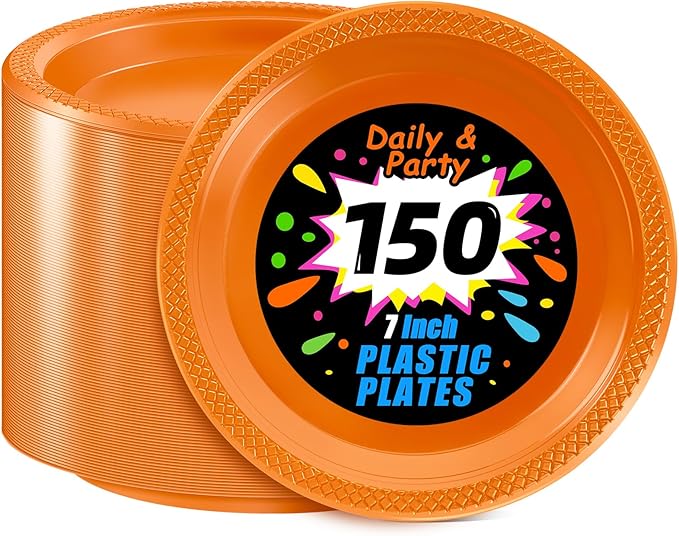 WELLIFE Orange Party Plates 7 Inch -150 Count, Disposable Plastic Dessert Plates for Party Easter Cake Appetizers Salad Picnic BBQ Wedding Engagement Birthday