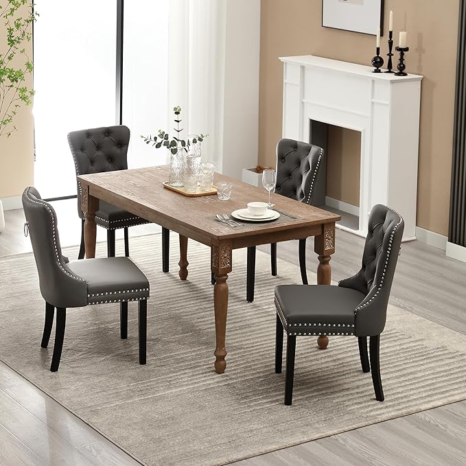 KCC Faux Leather Dining Chairs Set of 2, Upholstered High-end Tufted Dining Room Chair with Nailhead Back Ring Pull Trim Solid Wood Legs, Contemporary Nikki Collection Modern Style for Kitchen, Gray