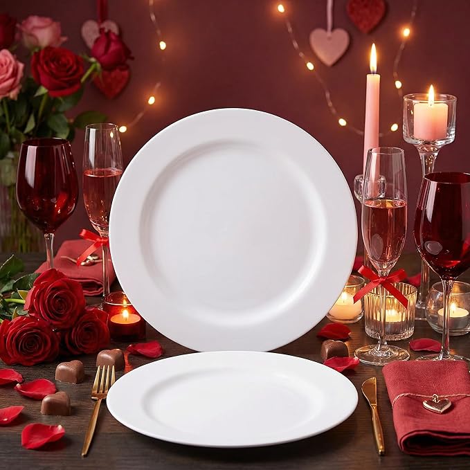 I00000 50Pcs White Plastic Dinner Plates 10 Inch, Premium Disposable Party Plates, Safe and Reusable, Heavy Duty Plastic Plates Perfect for Wedding Valentine's Day Party