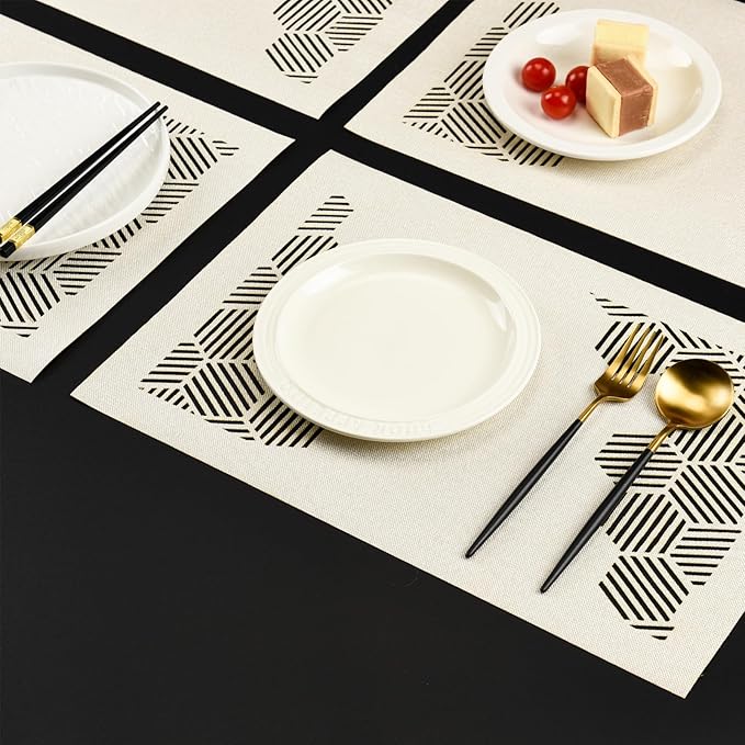 Cloth Placemats Set of 6 for Dining Table, Decorative Placemats with Hollow Design Table Cloth Set, Table Mats for Dining Table 12"x18" Cream