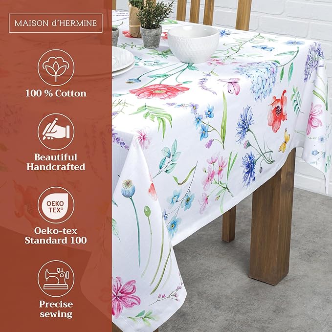Maison d' Hermine Table Cloth Square Table 100% Cotton 60 x 60 Inches Tablecloth Reusable Decorative for Dining Room Farmhouse Home Valentines Day Decorations Spring Summer - Just Floral