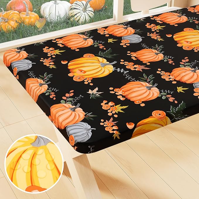 Smiry Plastic Thanksgiving Tablecloth, Pumpkin Waterproof Elastic Fitted Table Covers for 8 Foot Tables, Wipeable Flannel Backed Vinyl Tablecloths for Autumn Harvest, Parties (Black, 30x96 Inches)