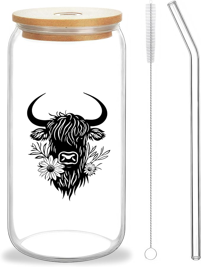 Cute Highland Cow Glass Cup With Lids And Straws, Highland Cow Gift For Women, Iced, Coffee, Smoothie, Cocktail, Beer, Whiskey, Soda, Matcha,16 Oz, Home Office Table Desk Decoration!