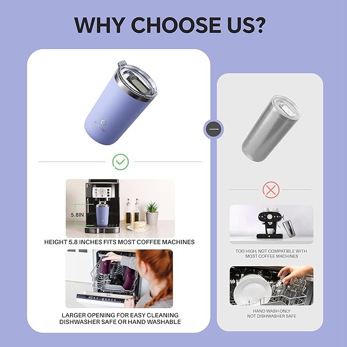 Ideus 20 oz Tumbler, Travel Coffee Mug with Splash Proof Sliding Lid, Double Wall Stainless Steel Vacuum Insulated Coffee Mug for Home and Office, Keep Beverages Hot or Cold, Lavender Purple