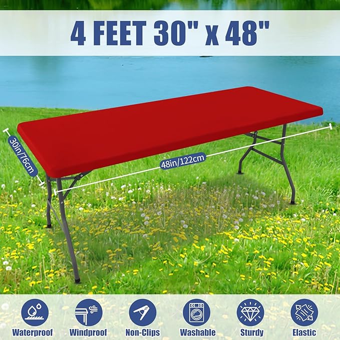 Spandex 4 Foot Rectangle Christmas Table Cloth 2 Pack, Elastic Fitted Tablecloths for Picnic, Stretch Washable Patio Table Cover for Outdoor, Camping, Banquet and Parties (Red, 30"x48")