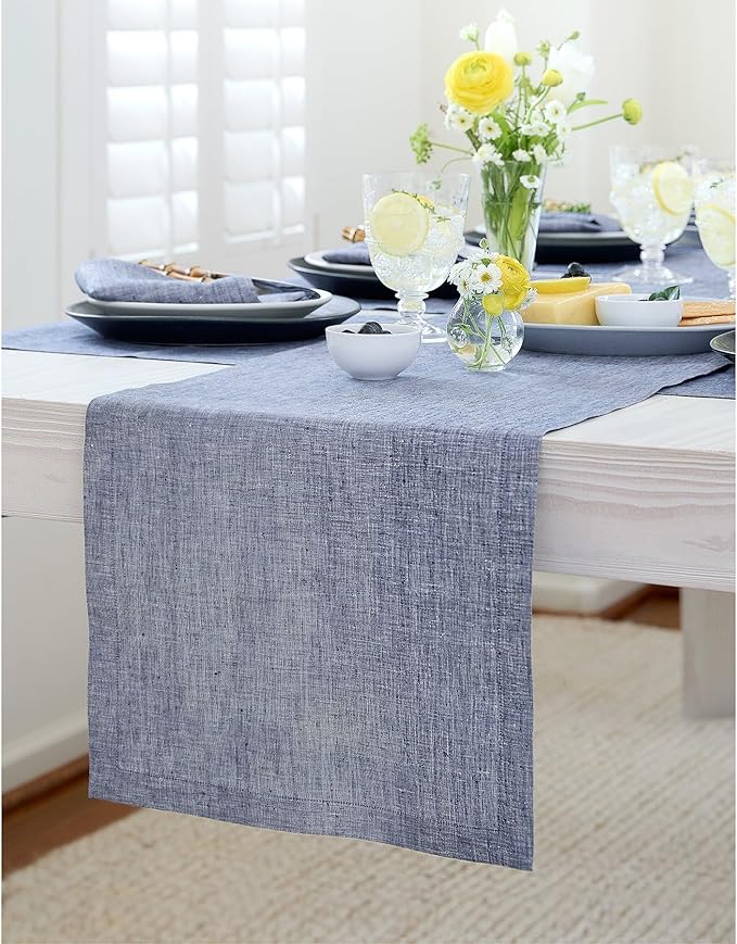 Solino Home Linen Small Table Runner 48 Inches - Athena, 100% Pure Linen Chambray Indigo Table Runner 14 x 48 Inch Ideal for Dresser and Coffee Tables - Winter, Spring, Easter