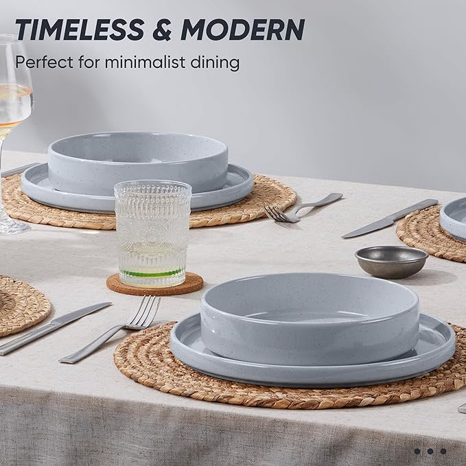 E-far 16-Piece Plates and Bowls Sets - Stoneware Dinnerware Sets with Pasta Bowls for 4 | Microwave & Dishwasher Safe Kitchen Modern Dish Set, Speckled Gray