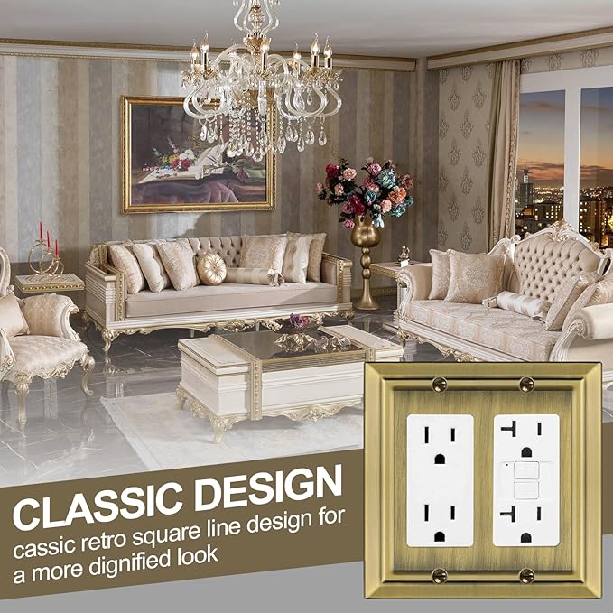Metal Wall Plate for Electrical Outlets, Decorative Antique Brass Switch Plates Outlet Cover, Light Switch Cover Plate, 2-Gang Wall Plates (Double Decorator, 2 Pack)