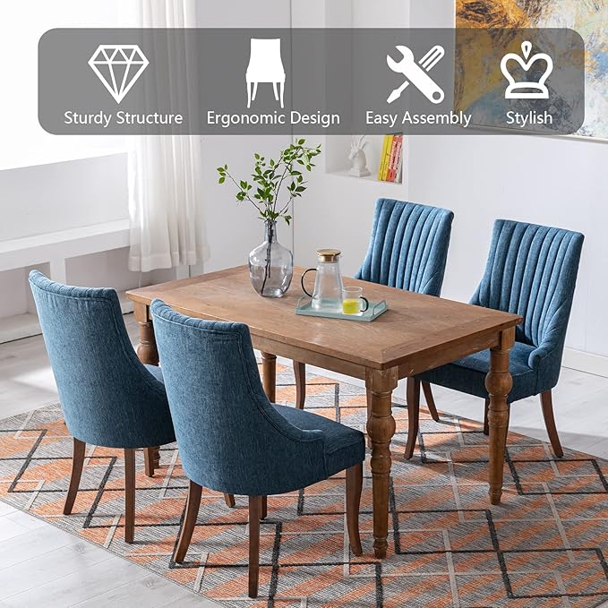 mikibama Linen Dining Chairs Set of 4 Channel Tufted Kitchen Dinner Chair Comfy Fabric Upholstered Accent Chair for Dining Room with Solid Wood Legs (Blue 4pc)