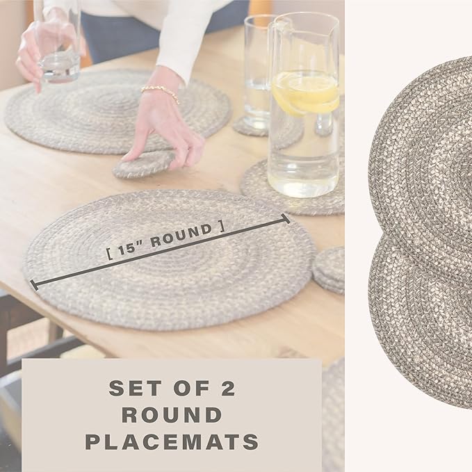 Homespice Grey Cloud Round Braided Placemats, Warm Farmhouse Decor, Set of 2, 15", Grey Jute Table Mats - Vibrant Colors, Durable, Easy to Clean and Protects Furniture