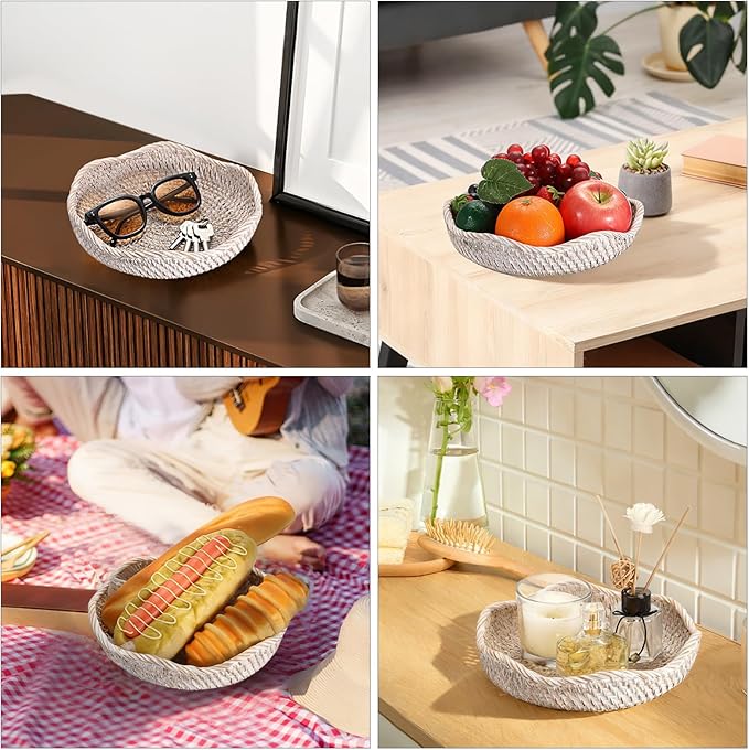 Hipiwe Decorative Key Tray Rattan Storage Bowl Food Serving Basket for Fruit Bread Candy Handwoven Basket Tray for Entryway Table Kitchen, Whitewash 8.6 Inch