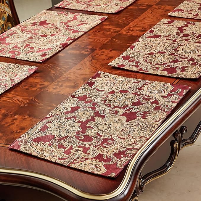Luxury Retro placemats for Dinner Table Set of 6,Machine Washable Fabric Placemats Non-Slip Heat Resistant Indoor Dining Table mats placemats (Red, Set of 6)