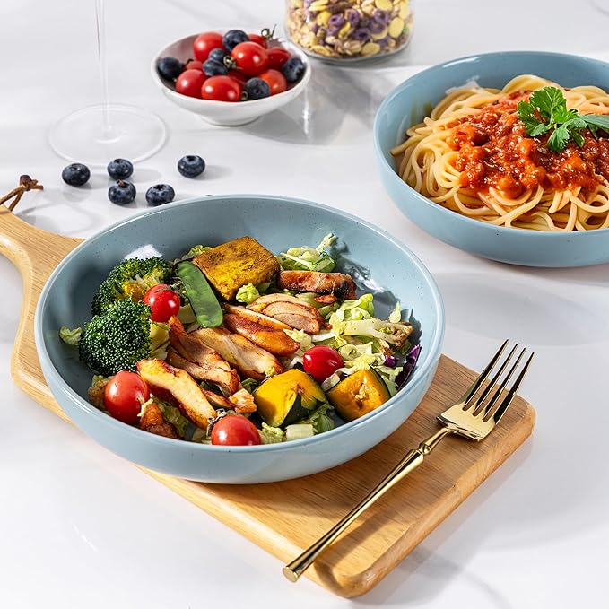 AmorArc 8.75'' Large Ceramic Pasta Bowls, 36oz Handpainted Stoneware Bowls Set of 4, Microwave&Dishwasher Safe Bowls with Rustic Terracotta Underside for Pasta Salad, Blue