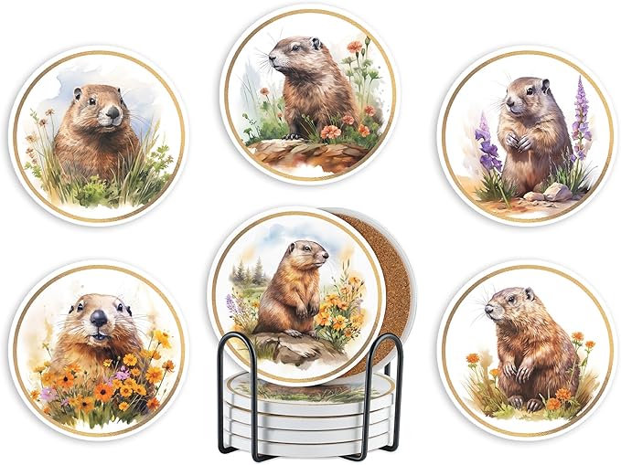Onebttl Groundhog Gifts Coaster, Home Decor for Women, Moving, Housewarming, Set of 6, Ceramic, Absorbent with Cork Base