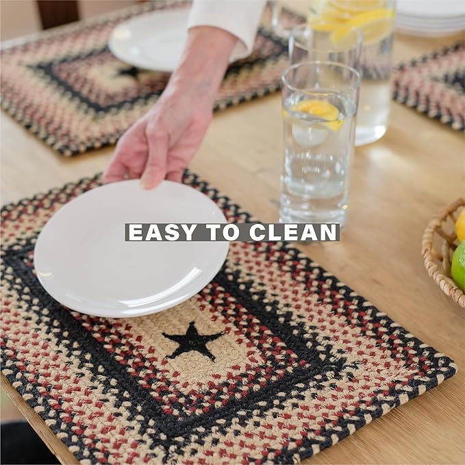 Homespice Primitive Star Gloucester Jute Braided Table Runner, Warm Primitive Decor, Set of 2, Black and Red Oval 8x28 - Rich Colors, Easy to Clean, Durable and Protects Furniture