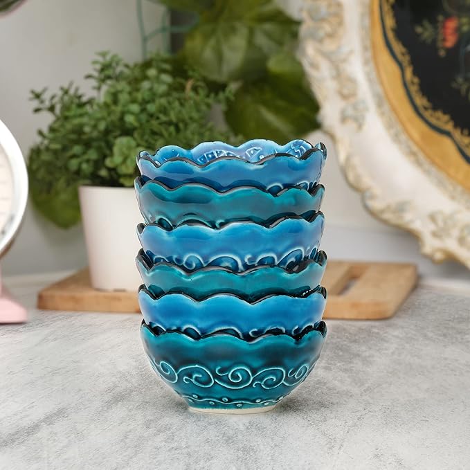 BCS Ceramic Pinch Bowls Set of 6, Small Bowls for Dipping - Cooking Prep & Charcuterie Board Bowls, Soy Sauce Dish, Turquoise Handmade Decorative Serving Dishes (3.2'' - 3 oz)