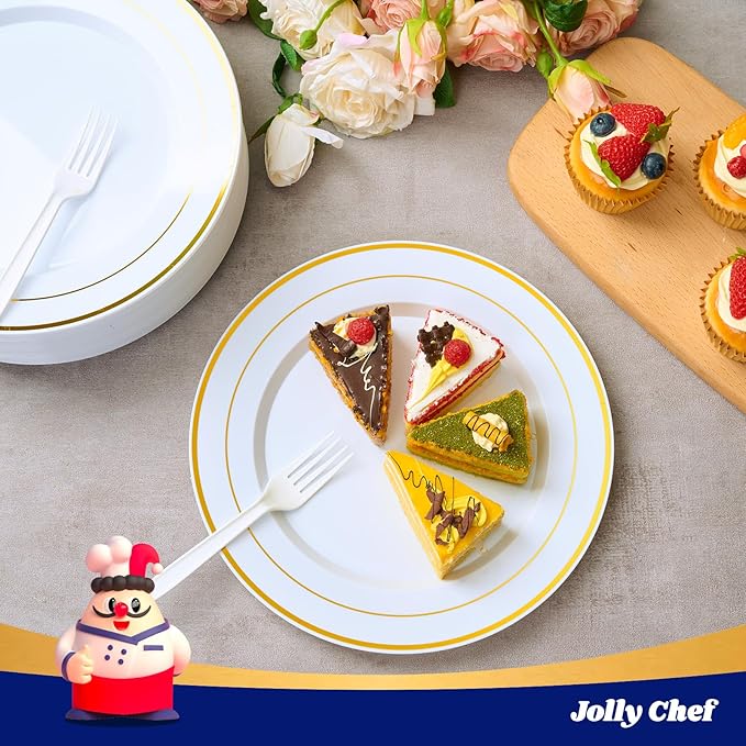 JOLLY CHEF 200 Pieces Gold Plastic Plates, 10 Inch Elegan Disposable Plates White Plate with Gold Rim,Plastic Plates for Christmas、Birthdays and Weddings