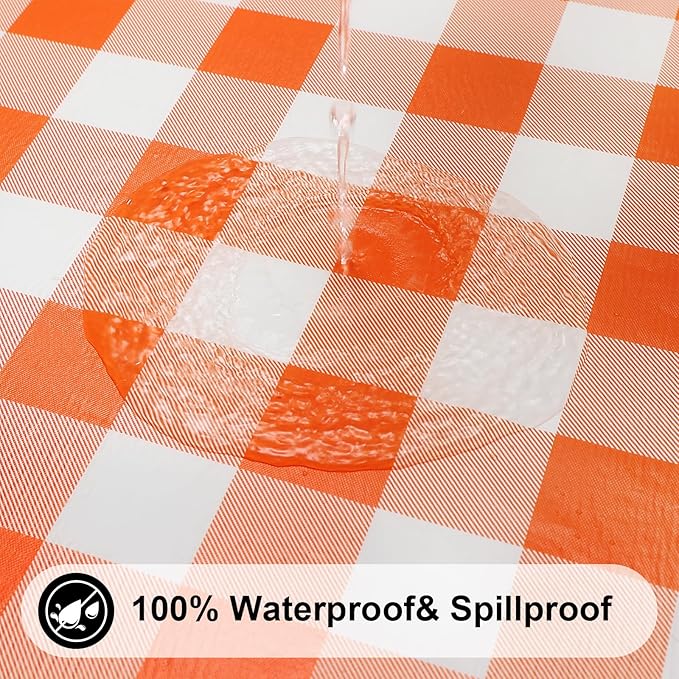 Smiry Rectangle Picnic Table Cloth, Elastic Waterproof Fitted Vinyl Tablecloths, Flannel Backed Buffalo Plaid Table Covers for Dining, Camping, Outdoor, Thanksgiving (White and Orange, 30" x 48")