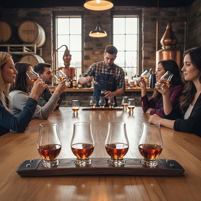 Barrel Stave Premium 4 Glass Whiskey Flight Serving Tray No Glasses Included, Red Mahogany