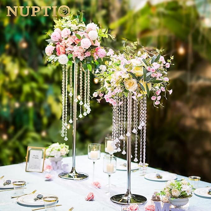 Nuptio 2 Pcs 27.6inch Tall Wedding Centerpieces Silver Vases Crystal Flower Vase Metal Flowers Stand for Party Tables Decorations - Elegant Bulk Weddings Decoration Table Chandelier Centerpiece stands