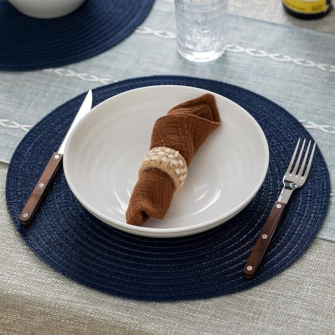 Round Placemats Set of 6 Woven Placemats Washable Braided Table Mats for Dining Table Heat Resistant Non-Slip Circle Place Mats(Navy Blue)